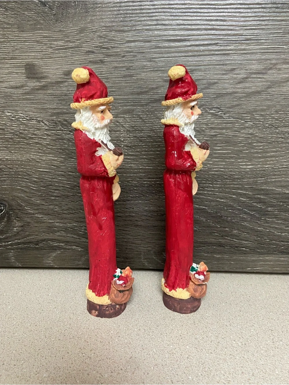 Vintage Santa Claus Figurine Set of 2 Skinny Pencil Tall Red Standing Pair